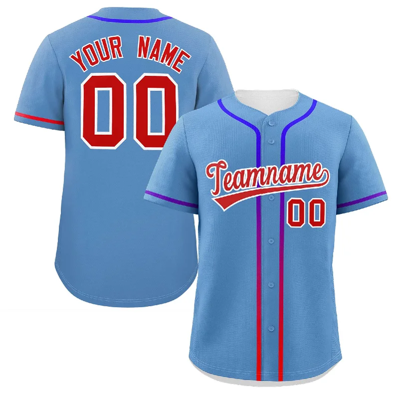 Baseball Jerseys with Raglan Sleeves for Mobility-Custom Light Blue Red Personalized Gradient Ribbed Design Authentic Baseball Jersey