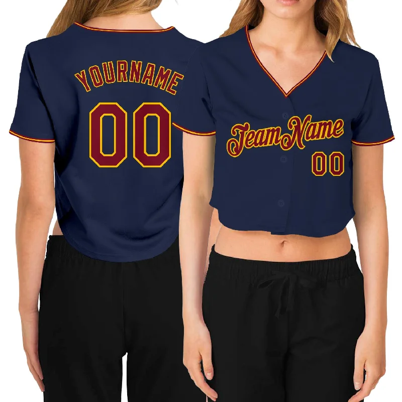 Baseball Jerseys with Zippered Neck for Versatility-Custom Women's Navy Crimson-Gold V-Neck Cropped Baseball Jersey