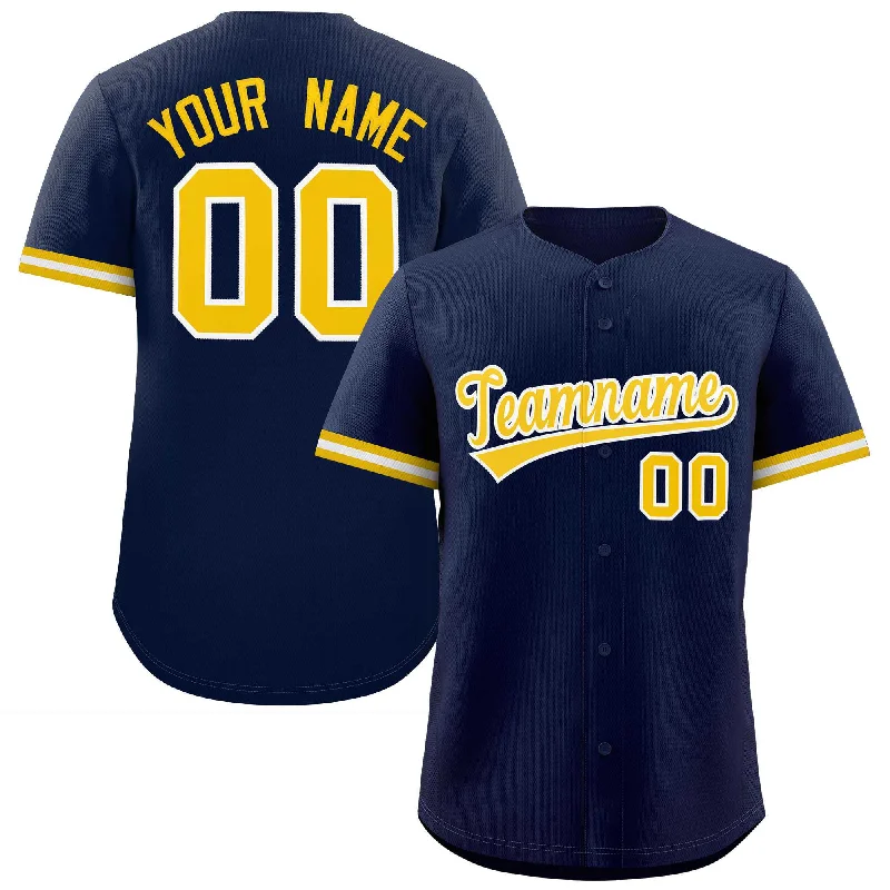 Baseball Jerseys with Soft, Comfortable Neckline for Relaxed Fit-Custom Navy Gold Full Button Design Authentic Baseball Jersey