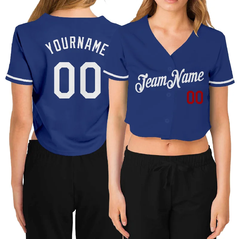 Youth Baseball Jerseys with Personalized Name and Number-Custom Women's Royal White-Red V-Neck Cropped Baseball Jersey