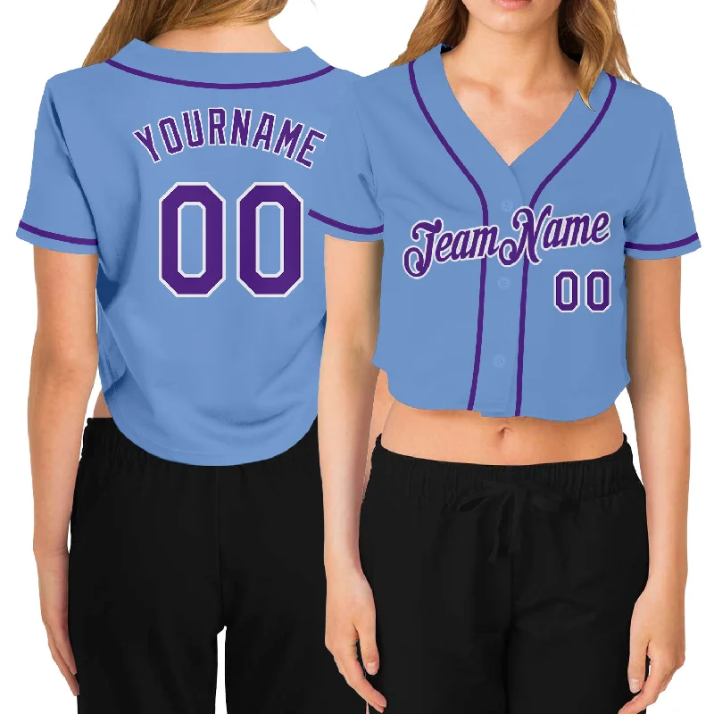 Baseball Jerseys with Lightweight Design for Freedom of Movement-Custom Women's Light Blue Purple-White V-Neck Cropped Baseball Jersey