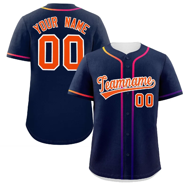 Baseball Jerseys with Anti-Chafe Seams for Comfort-Custom Navy Orange Personalized Gradient Ribbed Design Authentic Baseball Jersey