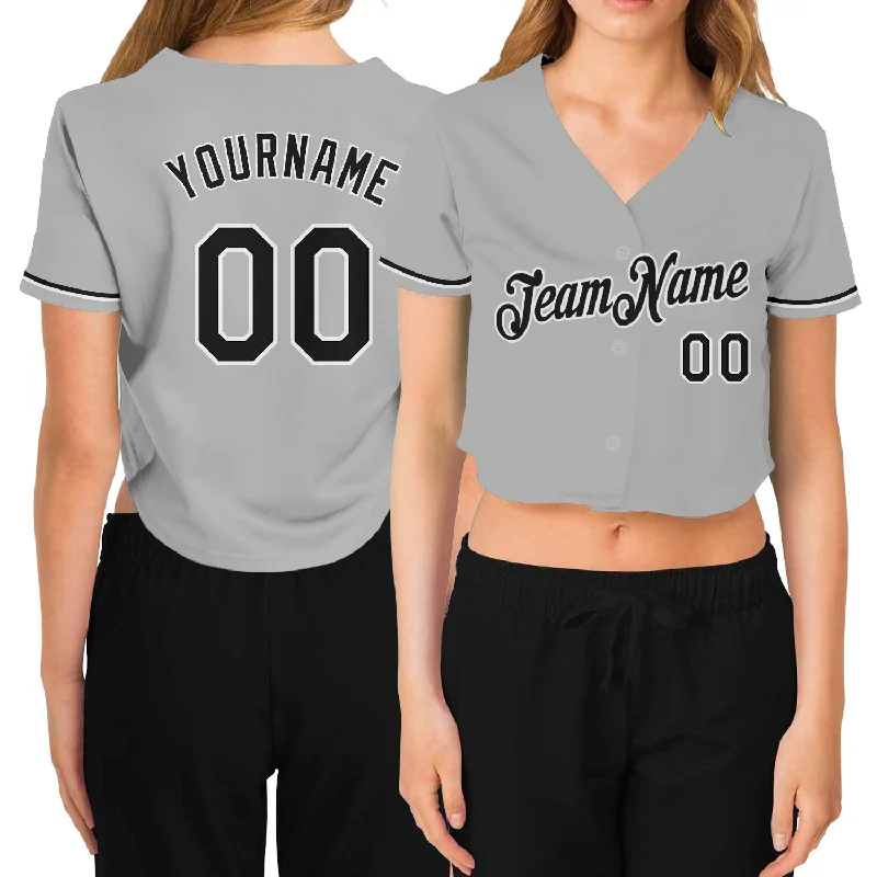 Baseball Jerseys with Large Team Logos for Strong Identity-Custom Women's Gray Black-White V-Neck Cropped Baseball Jersey