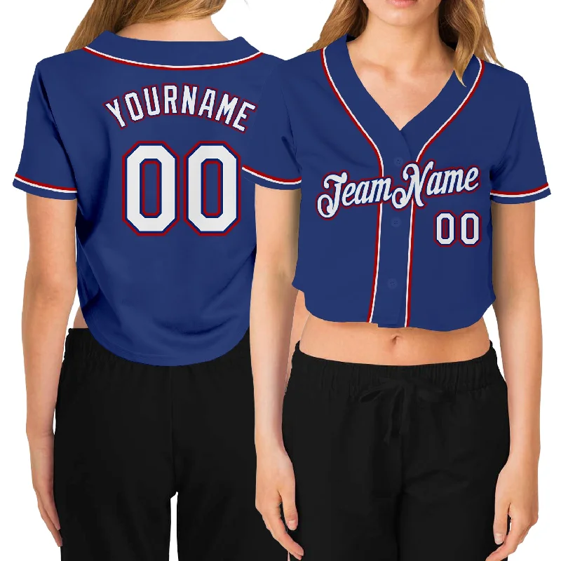 Baseball Jerseys with Vintage Style for Old-School Look-Custom Women's Royal White-Red V-Neck Cropped Baseball Jersey