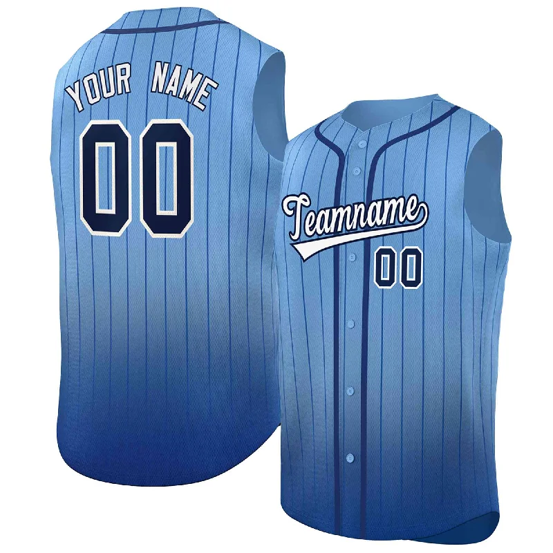 Baseball Jerseys with Elastic Waistband for Secure Fit-Custom Light Blue Navy Gradient stripe Fashion Authentic Sleeveless Baseball Jersey