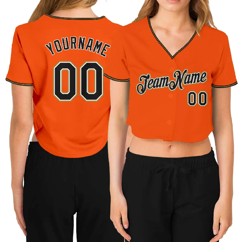 Baseball Jerseys with Vented Mesh Panels for Maximum Airflow-Custom Women's Orange Black Old Gold-White V-Neck Cropped Baseball Jersey