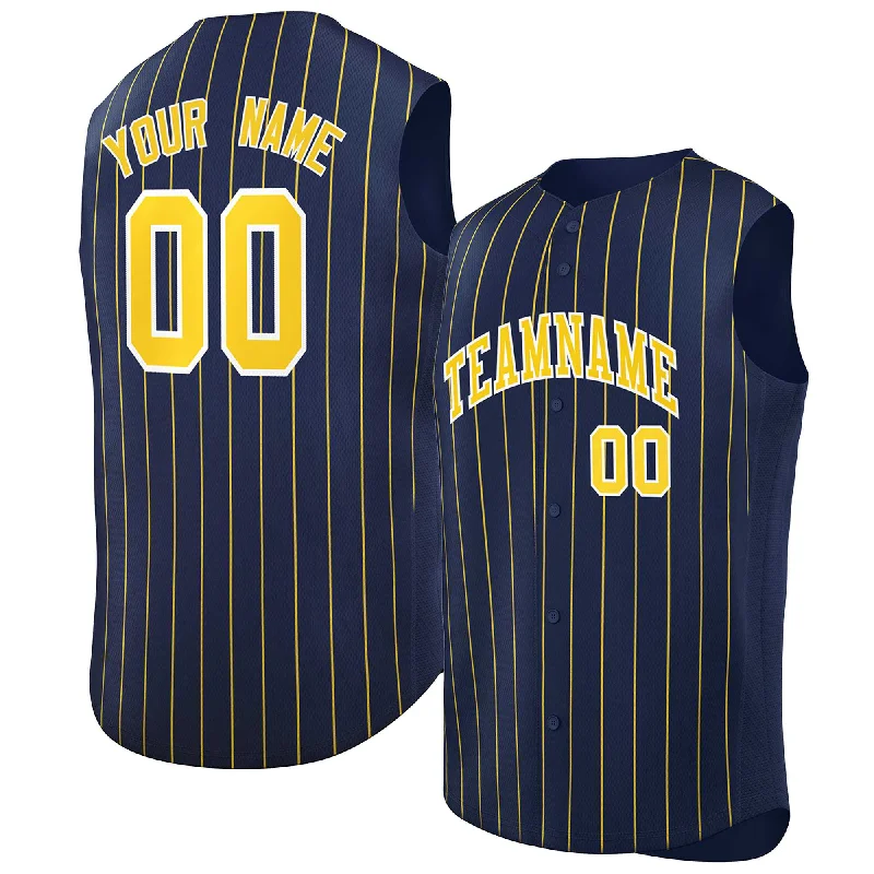 Baseball Jerseys with Classic Stripes for Vintage Feel-Custom Navy Gold-White Sleeveless Stripe Fashion Baseball Jersey