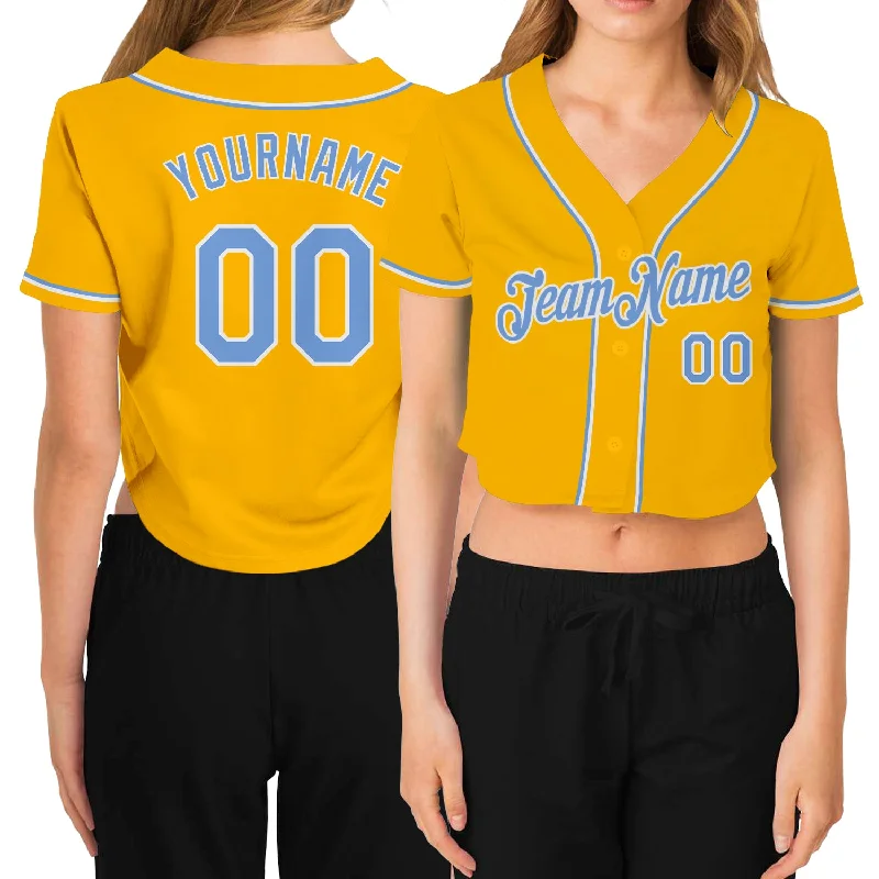 Baseball Jerseys with Double-Stitched Seams for Durability-Custom Women's Gold Light Blue-White V-Neck Cropped Baseball Jersey