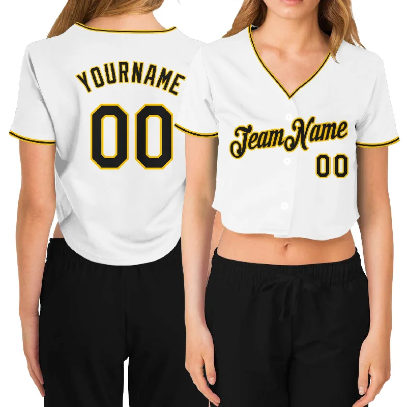 Baseball Jerseys for Kids with Adjustable Fit-Custom Women's White Black-Gold V-Neck Cropped Baseball Jersey