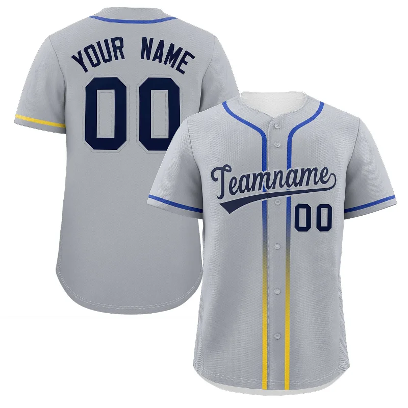 Baseball Jerseys with Side Panels for Stylish Look-Custom Light Gray Navy Personalized Gradient Ribbed Design Authentic Baseball Jersey