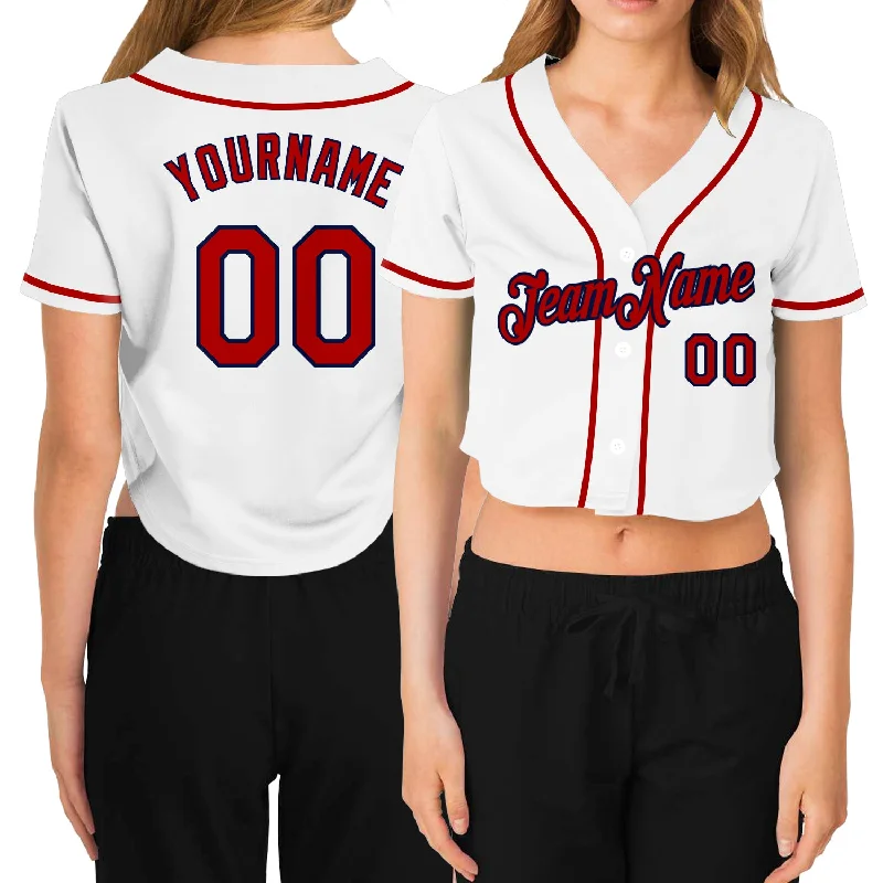 Baseball Jerseys with Mesh Inserts for Extra Ventilation-Custom Women's White Red-Navy V-Neck Cropped Baseball Jersey