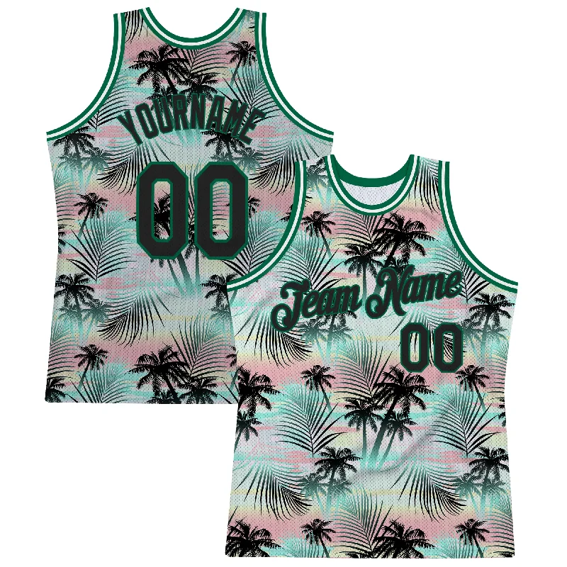 Basketball Jerseys with Adjustable Neck Design for Perfect Fit-Custom Black Black-Kelly Green 3D Pattern Design Tropical Palm Leaves Authentic Basketball Jersey