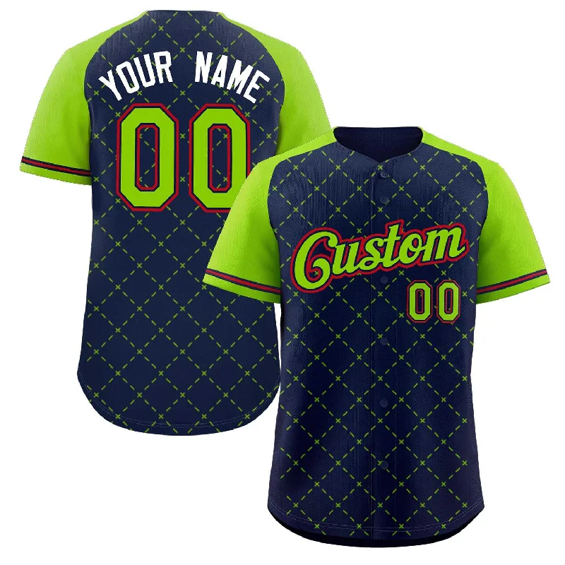 Baseball Jerseys with Customizable Back Designs for Personal Style-Custom Navy Neon Green Navy-Red Rhombus Authentic Baseball Jersey