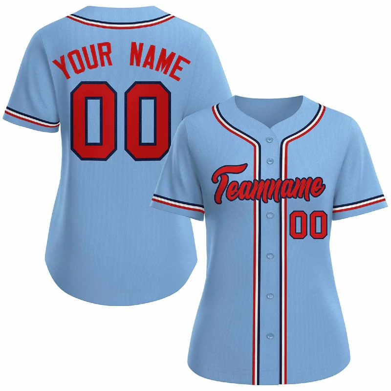 Baseball Jerseys with Reflective Details for Visibility-Custom Light Blue Red Navy Classic Style Baseball Jersey for Women