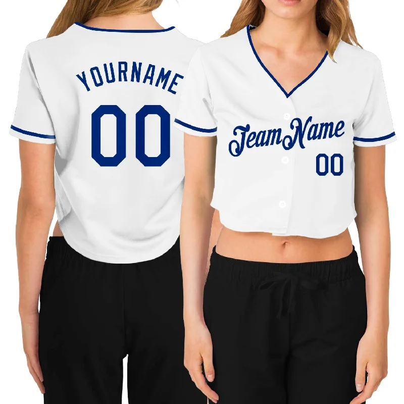 Baseball Jerseys with Classic Pinstripe Design for Vintage Look-Custom Women's White Royal V-Neck Cropped Baseball Jersey