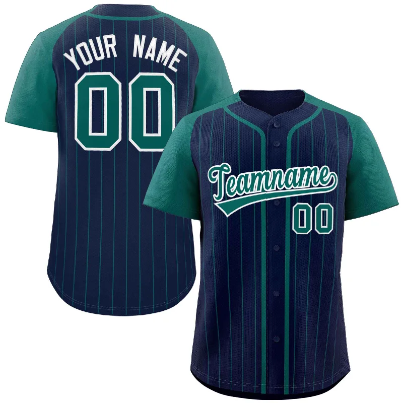 Baseball Jerseys with Ribbed Collar for Secure Fit-Custom Navy Aqua-White Stripe Fashion Raglan Sleeves Authentic Baseball Jersey