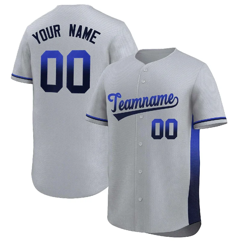 Baseball Jerseys with Stretch Fabric for Flexibility-Custom Light Gray Royal-Navy Personalized Gradient Font And Side Design Authentic Baseball Jersey