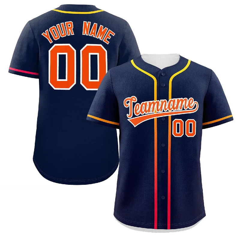 Baseball Jerseys with Soft, Comfortable Neckline for Relaxed Fit-Custom Navy Orange Personalized Gradient Ribbed Design Authentic Baseball Jersey