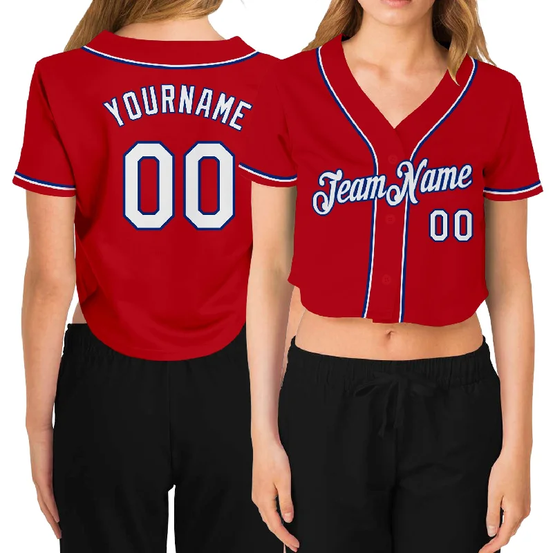 Baseball Jerseys with Classic Pinstripe Design for Vintage Look-Custom Women's Red White-Royal V-Neck Cropped Baseball Jersey