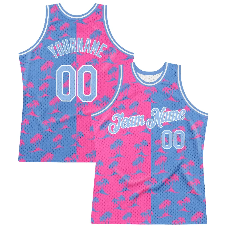 Basketball Jerseys with Full-Length Sleeves for Full Coverage-Custom Pink Light Blue-White 3D Pattern Design Palm Trees Authentic Basketball Jersey