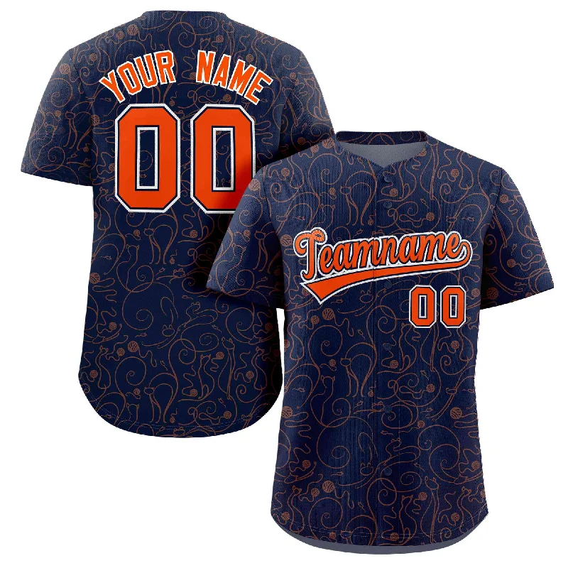 Baseball Jerseys with Bold Color Contrast for Standout Look-Custom Navy Orange Line Art Graffiti Pattern Design Authentic Baseball Jersey