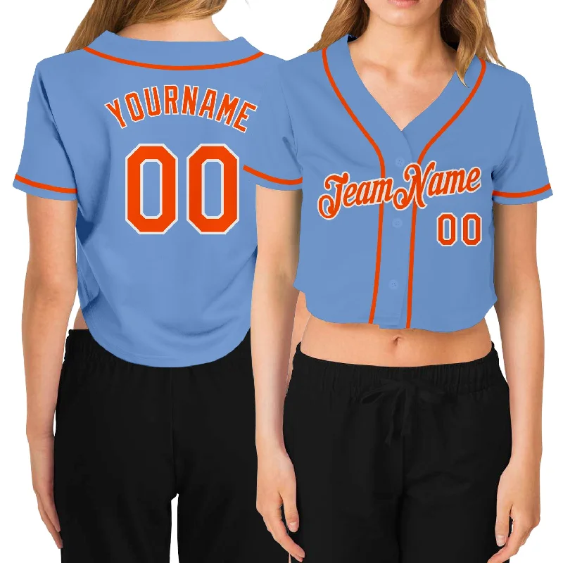 Baseball Jerseys with Reinforced Elbows for Extra Durability-Custom Women's Light Blue Orange-White V-Neck Cropped Baseball Jersey