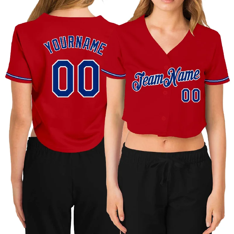 Baseball Jerseys with High-Performance Fabrics for Serious Athletes-Custom Women's Red Royal-White V-Neck Cropped Baseball Jersey