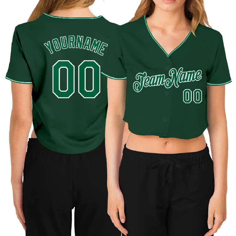 Baseball Jerseys with Stretch Fabric for Flexibility-Custom Women's Green Kelly Green-White V-Neck Cropped Baseball Jersey