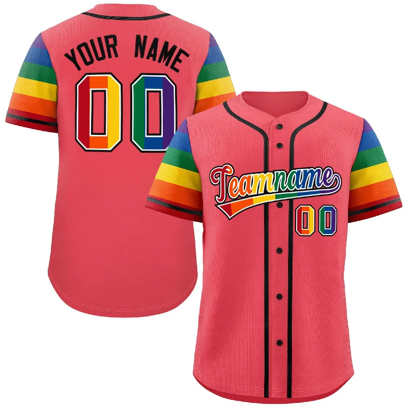 Baseball Jerseys with Double-Stitched Seams for Durability-Custom Light Red LGBT Rainbow For Pride Month Raglan Sleeves Authentic Baseball Jersey