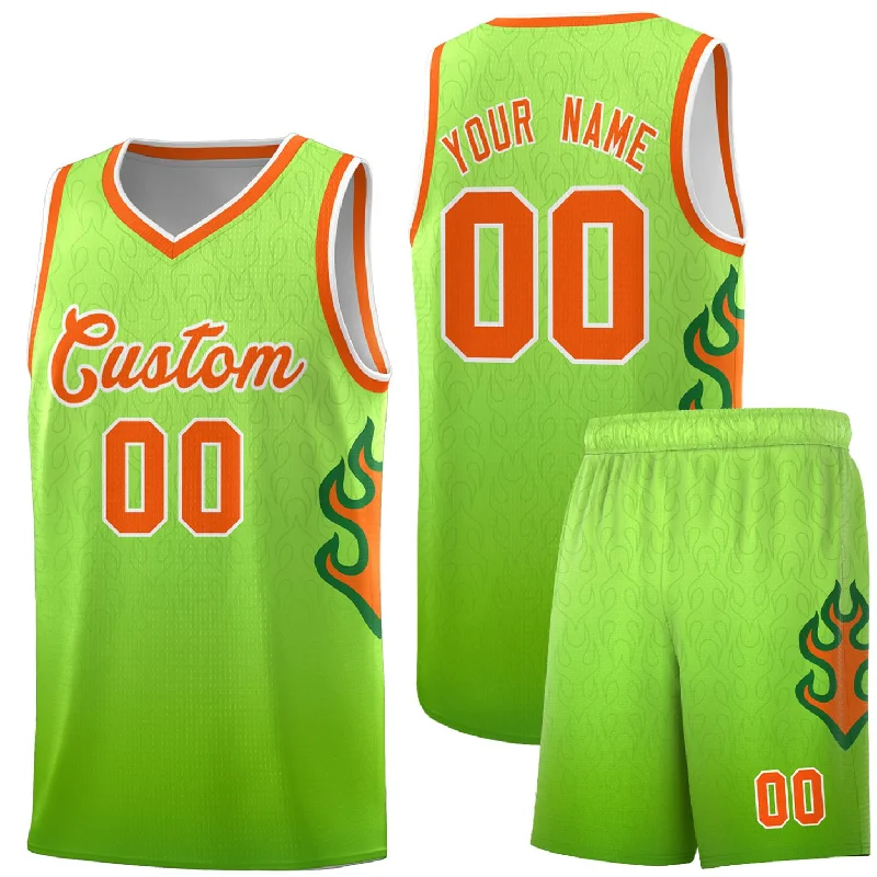 Basketball Jerseys with Elastic Waistband for Secure Fit-Custom Green Neon Green-Orange Flame Gradient Fashion Sports Uniform Basketball Jersey