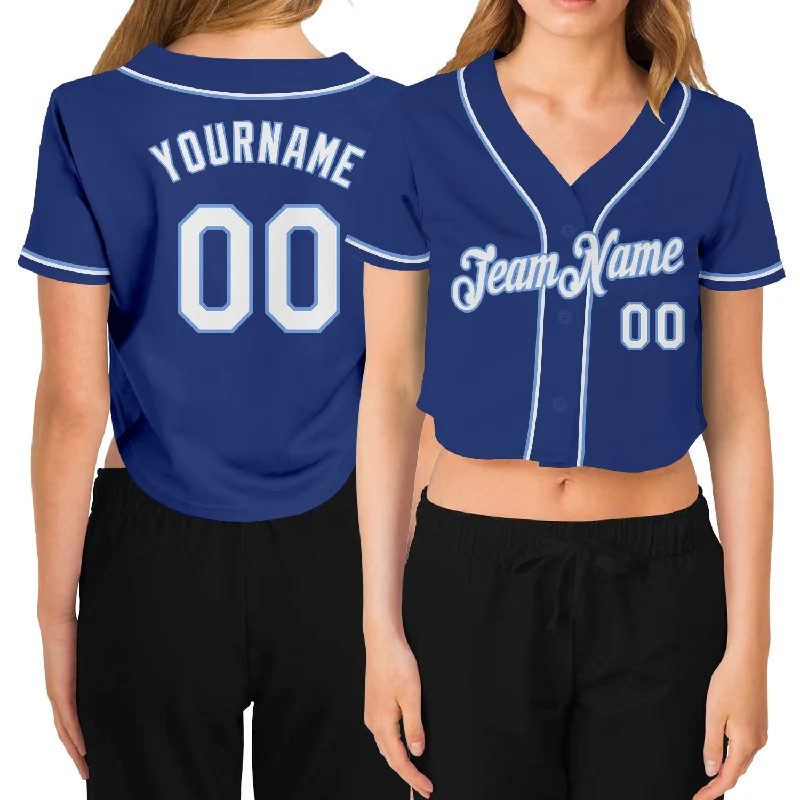 Baseball Jerseys with Vented Mesh Panels for Maximum Airflow-Custom Women's Royal White-Light Blue V-Neck Cropped Baseball Jersey