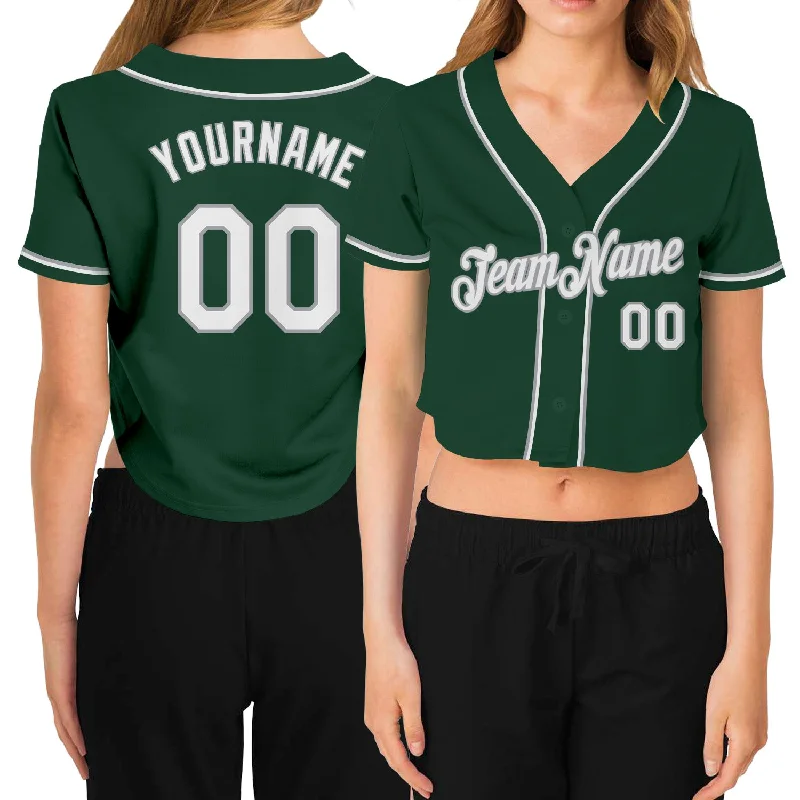 Custom Baseball Jerseys with Player Names and Numbers-Custom Women's Green White-Gray V-Neck Cropped Baseball Jersey