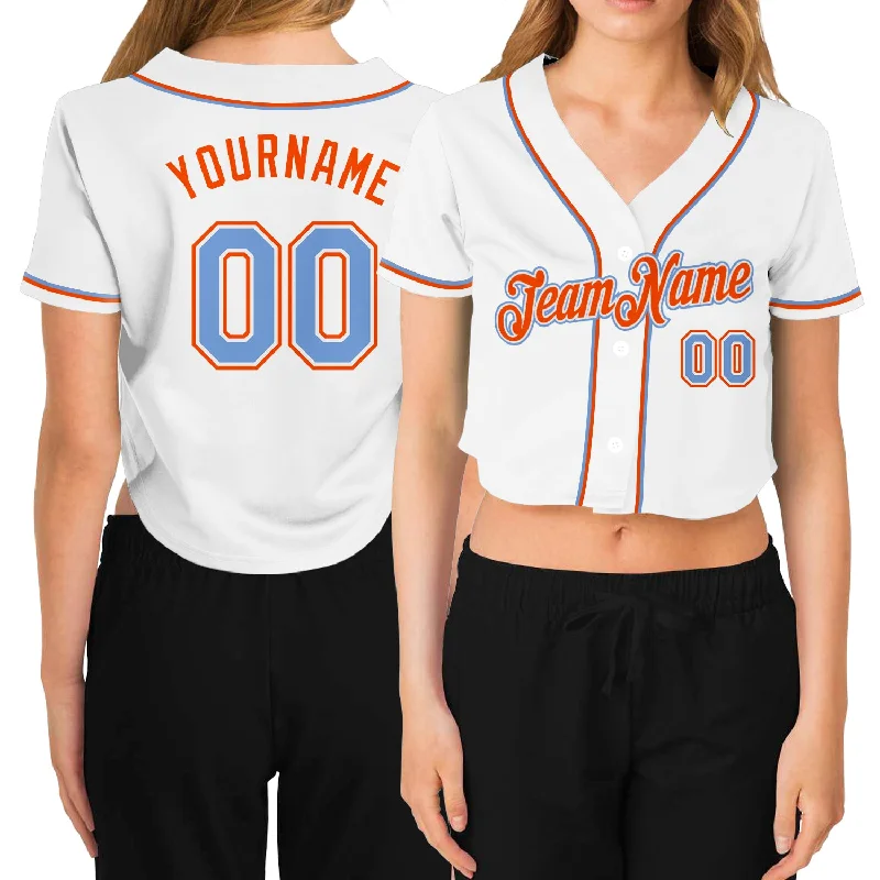 Premium Baseball Jerseys for Professional Teams-Custom Women's White Light Blue-Orange V-Neck Cropped Baseball Jersey