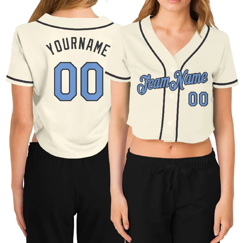 Baseball Jerseys with Lightweight Nylon Fabric for Ultimate Comfort-Custom Women's Cream Light Blue-Steel Gray V-Neck Cropped Baseball Jersey