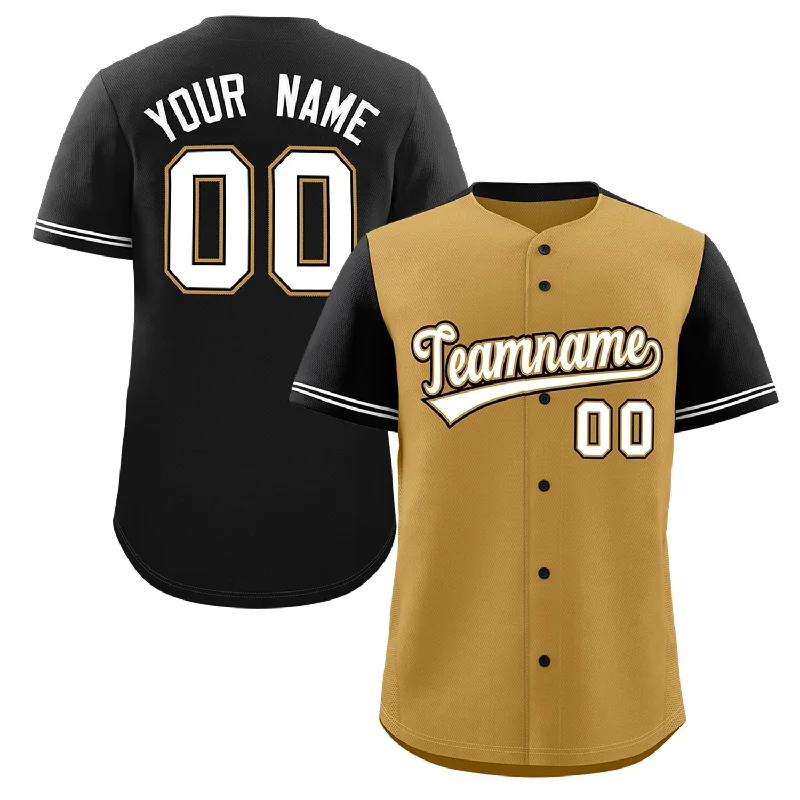 Baseball Jerseys with Zip-Up Design for Easy Wear-Custom Old Gold Black Color Block Personalized Raglan Sleeves Authentic Baseball Jersey