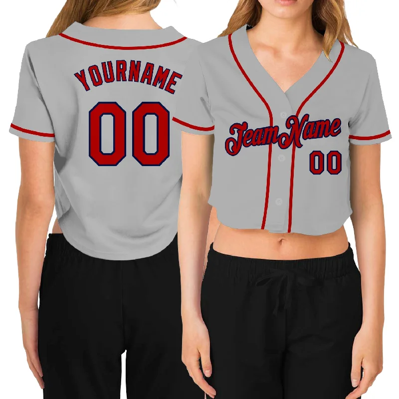 Custom Baseball Jerseys with Team Colors and Branding-Custom Women's Gray Red-Navy V-Neck Cropped Baseball Jersey