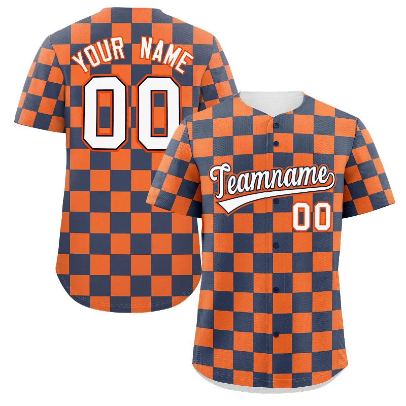 Baseball Jerseys with Soft Fabric for a Casual Look-Custom Navy Orange Square Grid Color Block Design Authentic Baseball Jersey