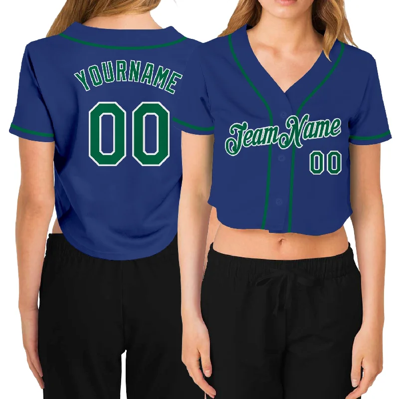 Baseball Jerseys with Padded Neck for Extra Comfort-Custom Women's Royal Kelly Green-White V-Neck Cropped Baseball Jersey