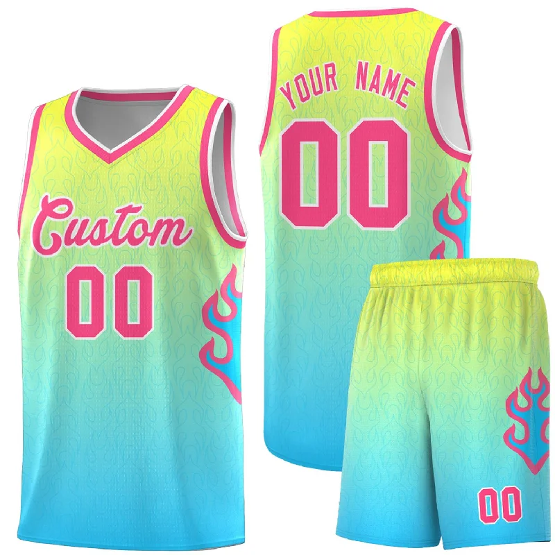 Youth Basketball Jerseys with Personalized Name and Number-Custom Gold Light Blue-Pink Flame Gradient Fashion Sports Uniform Basketball Jersey