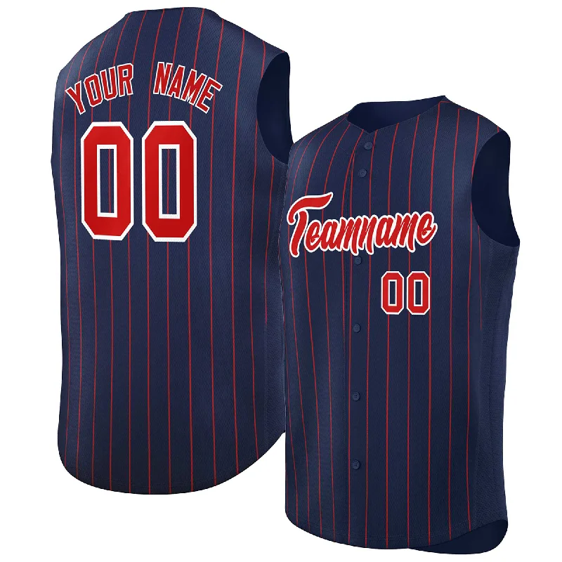 Baseball Jerseys with Side Panels for Stylish Look-Custom Navy Red-White Sleeveless Stripe Fashion Baseball Jersey