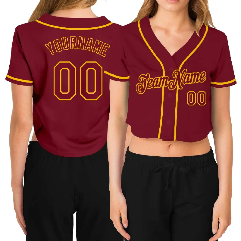 Baseball Jerseys with High-Performance Fabrics for Serious Athletes-Custom Women's Crimson Crimson-Gold V-Neck Cropped Baseball Jersey