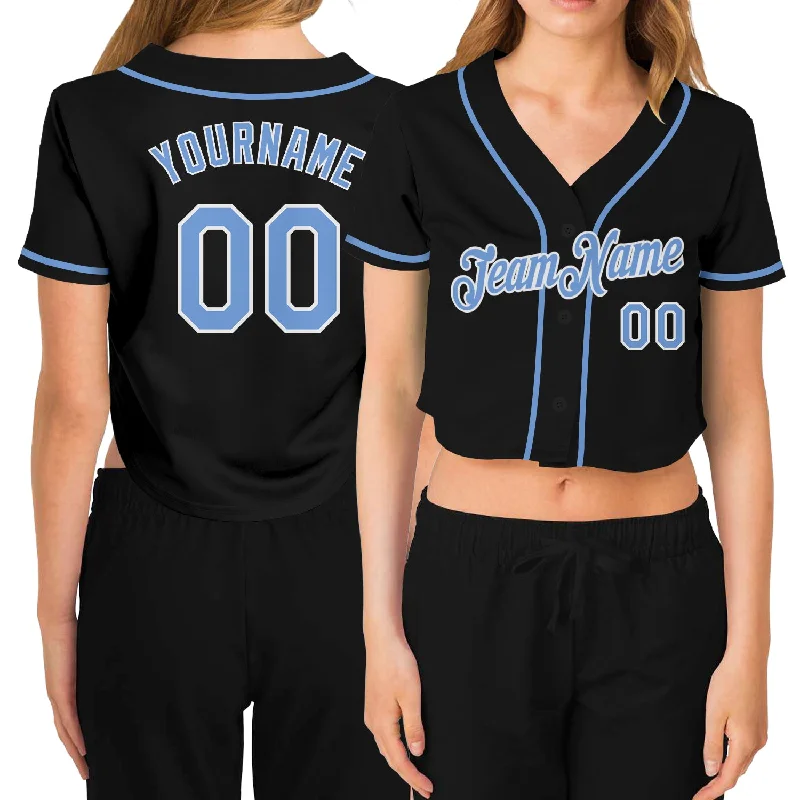 Baseball Jerseys with Mesh Back for Extra Cooling-Custom Women's Black Light Blue-White V-Neck Cropped Baseball Jersey