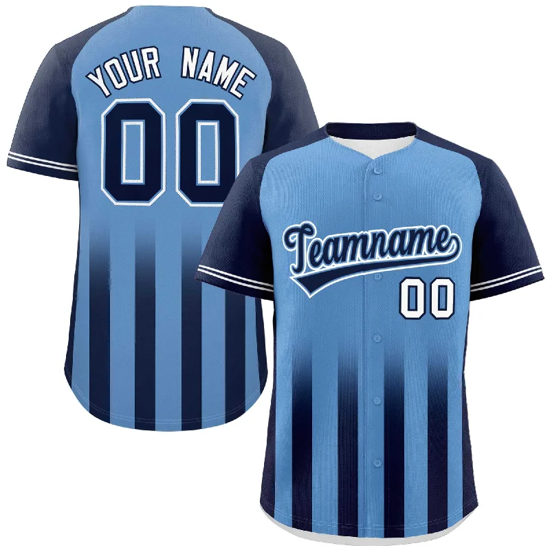 Baseball Jerseys with Modern Cut for Comfortable Fit-Custom Light Blue Navy Raglan Sleeves Gradient Thick Stripe Authentic Baseball Jersey