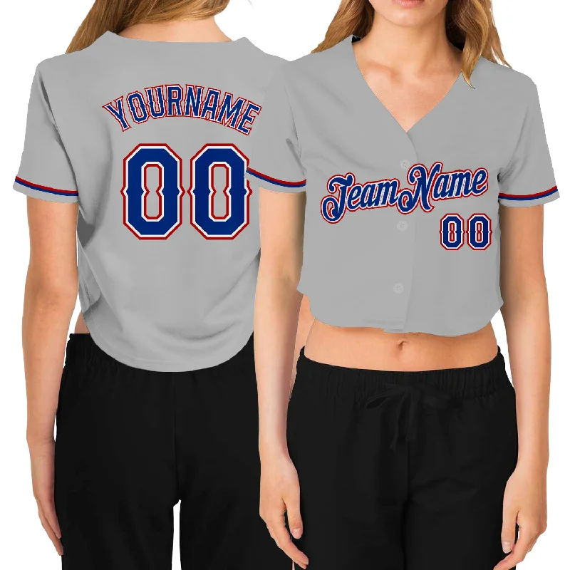 Baseball Jerseys with All-Over Stretch for Easy Movement-Custom Women's Gray Royal White-Red V-Neck Cropped Baseball Jersey