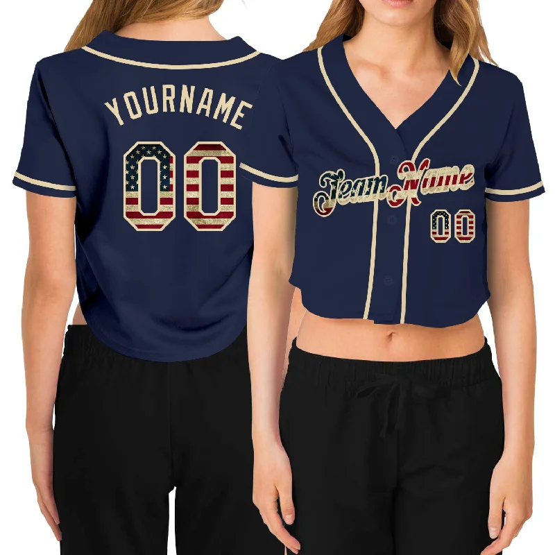 Professional Baseball Jerseys for Competitive Players-Custom Women's Navy Vintage USA Flag-Cream V-Neck Cropped Baseball Jersey