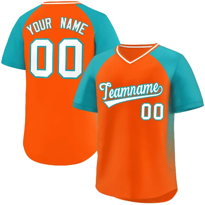 Baseball Jerseys with All-Over Stretch for Easy Movement-Custom Orange Aqua Raglan Sleeves Side Spot Authentic Pullover Baseball Jersey