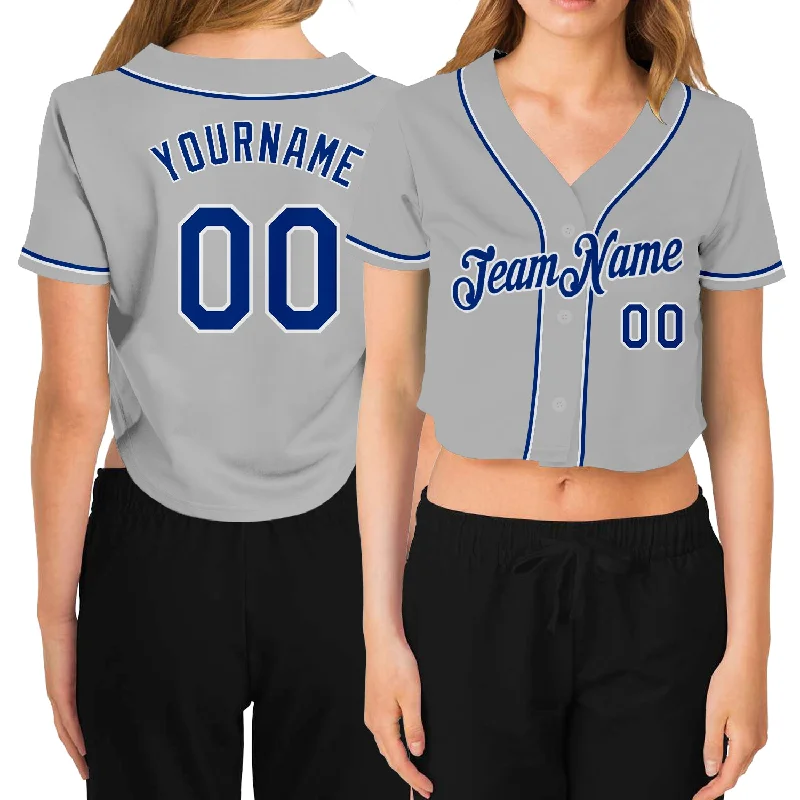 Baseball Jerseys with Soft Lining for Comfort During Play-Custom Women's Gray Royal-White V-Neck Cropped Baseball Jersey