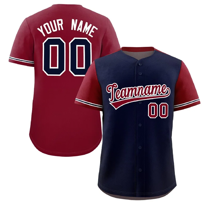 Baseball Jerseys with Heat-Pressed Numbers and Logos for Durability-Custom Navy Crimson Color Block Personalized Raglan Sleeves Authentic Baseball Jersey