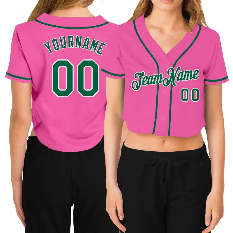 Baseball Jerseys with Durable Fabric for High-Performance Play-Custom Women's Pink Kelly Green-White V-Neck Cropped Baseball Jersey