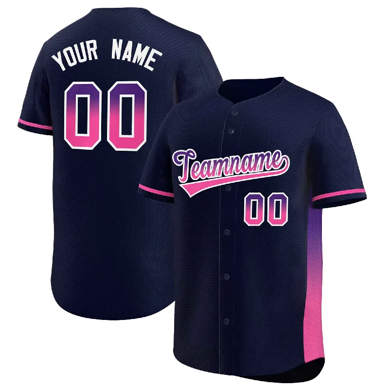 Baseball Jerseys with Soft Fabric for a Casual Look-Custom Navy Purple-Pink Personalized Gradient Font And Side Design Authentic Baseball Jersey